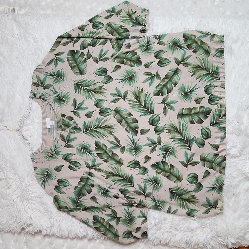 J.Jill Palm-Leaf Printed Sweater in Pink Salt Royal Palms Size Large Tall - Picture 4 of 11